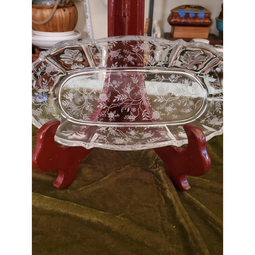Etched Floral Glass Oval Dish Candy Trinket Dresser Vanity Plate Vintage